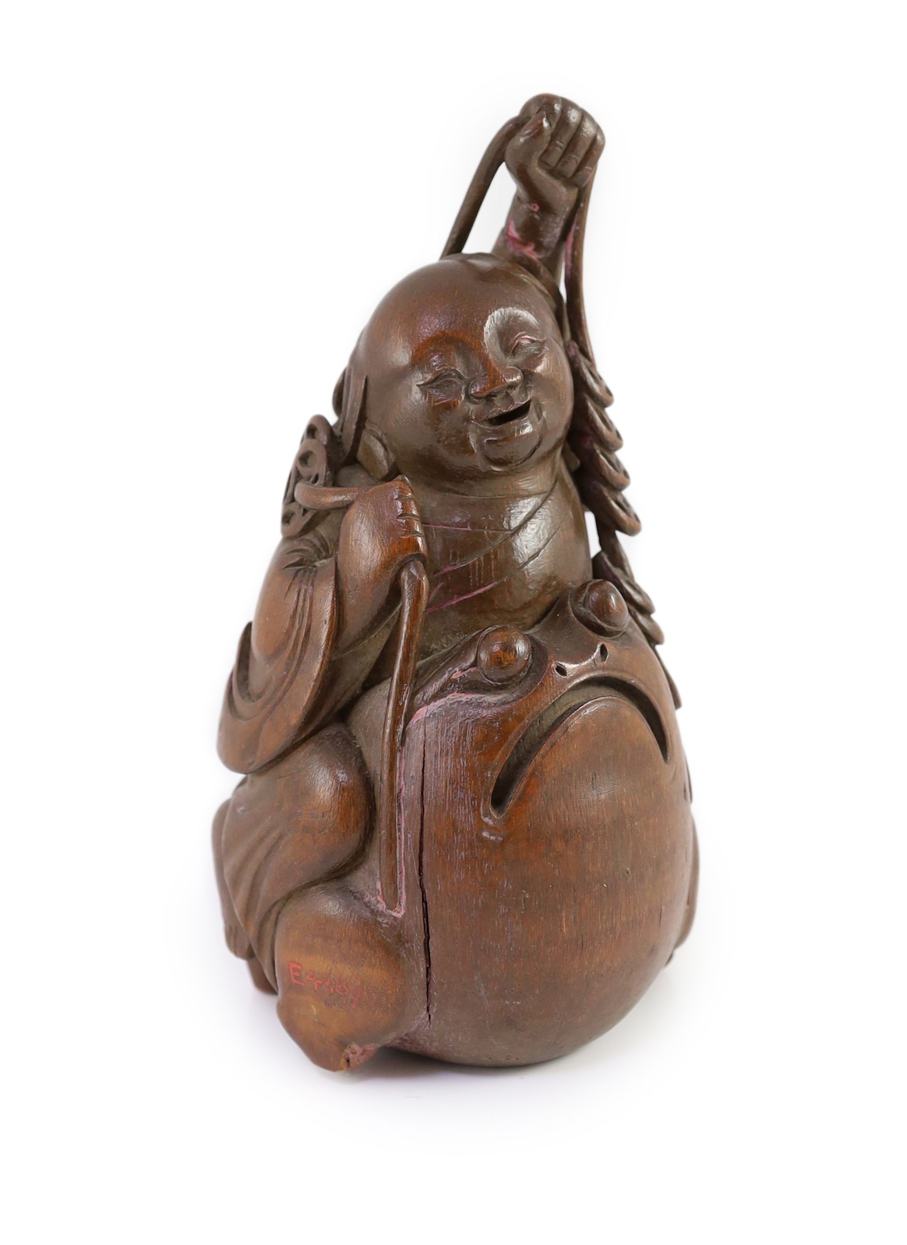 A Chinese bamboo group of Liu Hai and his three legged toad, 19th century, 22cm high, splits and and staining